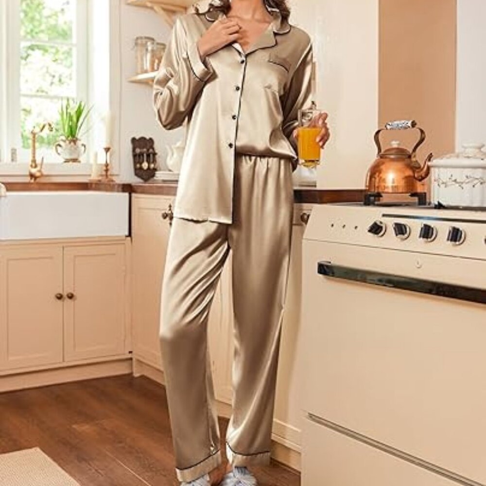 Women's Classic Button Down Long Satin Silk‎ Pajama Set